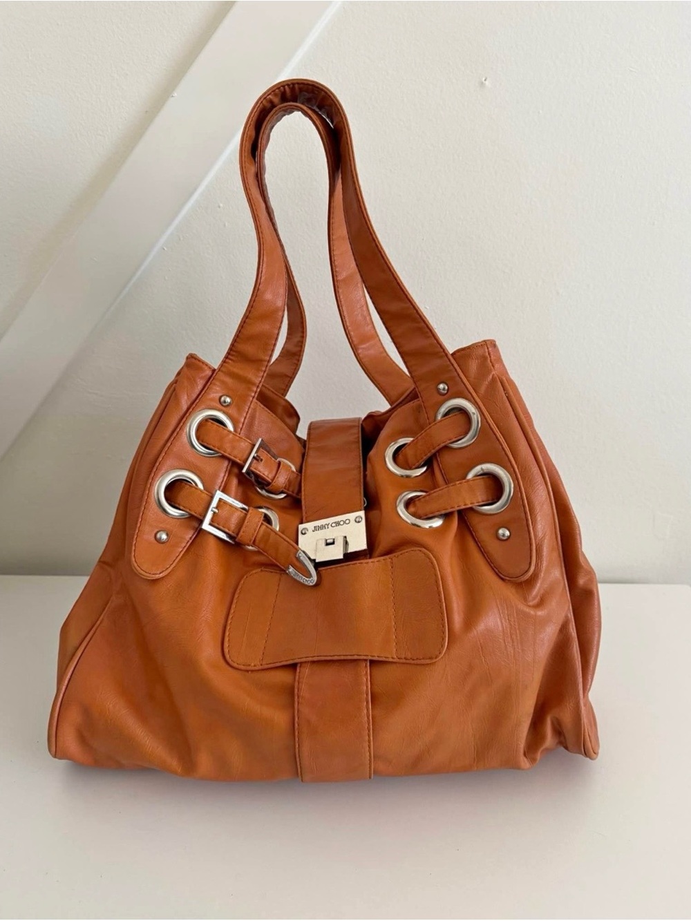 Jimmy Choo Cognac Tan/Orange Leather Ramona Shoulder Hobo with Silver Hardware